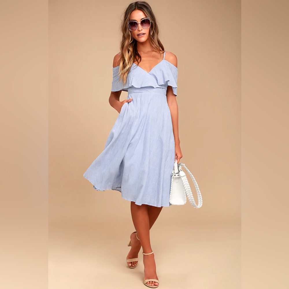 Yacht Rock Blue and White Striped Off-the-Shoulder Midi Dress Large